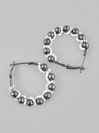 VOJ White Pearl With Silver Bead Hoop Earrings