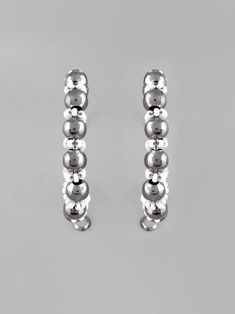 VOJ White Pearl With Silver Bead Hoop Earrings