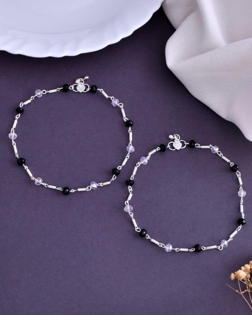 VOJ Set of 2 Silver Plated Black & White Beads Anklets