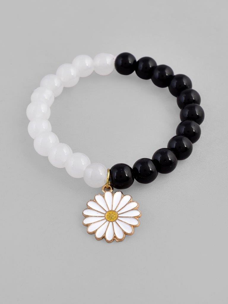 VOJ Black White Beads White Flower Elastic Bracelet