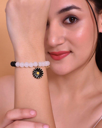 VOJ Black White Beads Black Flower Elastic Bracelet