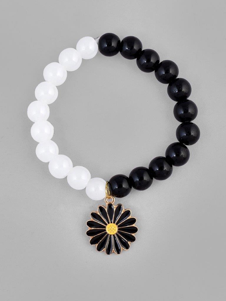 VOJ Black White Beads Black Flower Elastic Bracelet