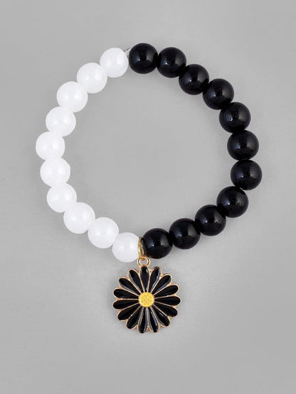 VOJ Black White Beads Black Flower Elastic Bracelet