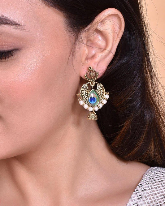 VOJ Gold-Polished Peacock Contemporay Jhumka Earrings