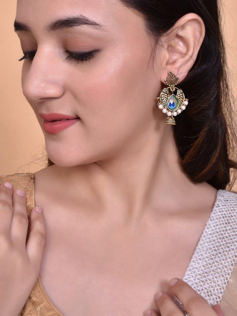 VOJ Gold-Polished Peacock Contemporay Jhumka Earrings