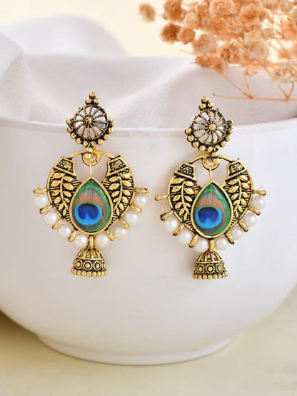 VOJ Gold-Polished Peacock Contemporay Jhumka Earrings