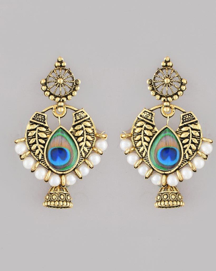 VOJ Gold-Polished Peacock Contemporay Jhumka Earrings
