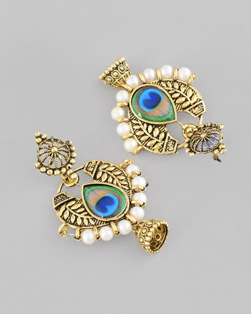 VOJ Gold-Polished Peacock Contemporay Jhumka Earrings