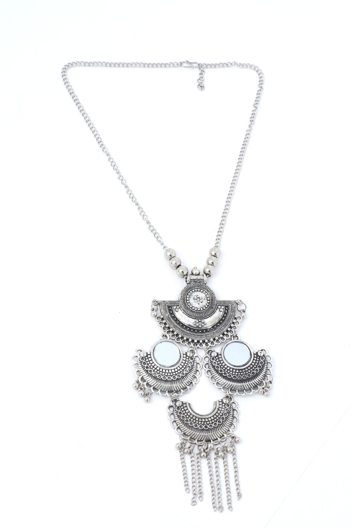 VOJ Oxidised Silver Plated Mirror And Ghungharoo Beads Jewellery Set