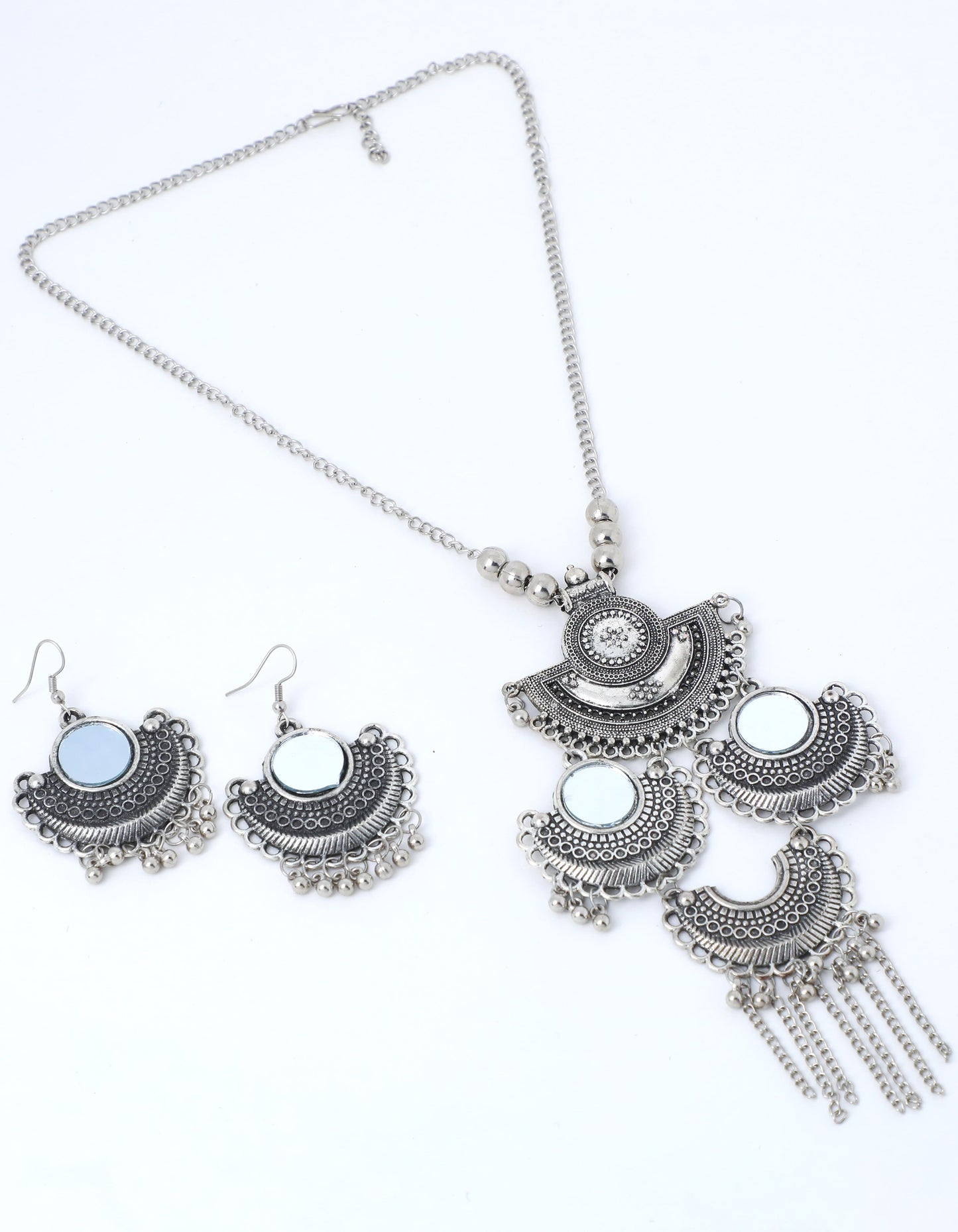 VOJ Oxidised Silver Plated Mirror And Ghungharoo Beads Jewellery Set