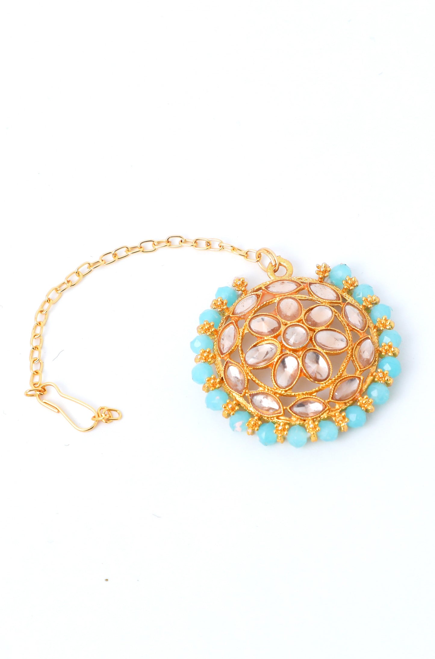 VOJ Gold-Polished Blue Beads Kundan Choker Jewellery Set With Mang Tikka