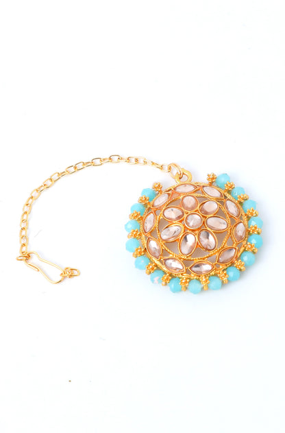 VOJ Gold-Polished Blue Beads Kundan Choker Jewellery Set With Mang Tikka