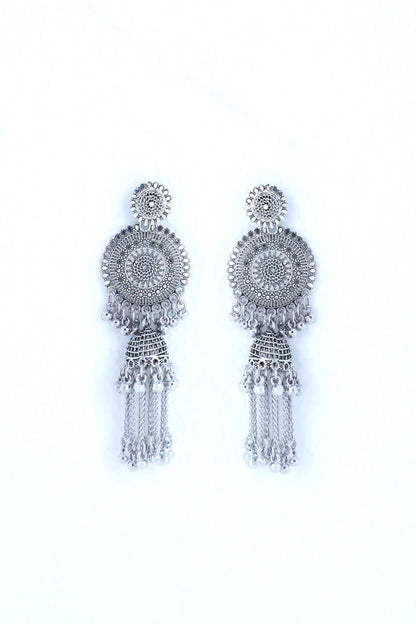 VOJ Silver Plated Oxidised Ghungharoo Studded Earrings