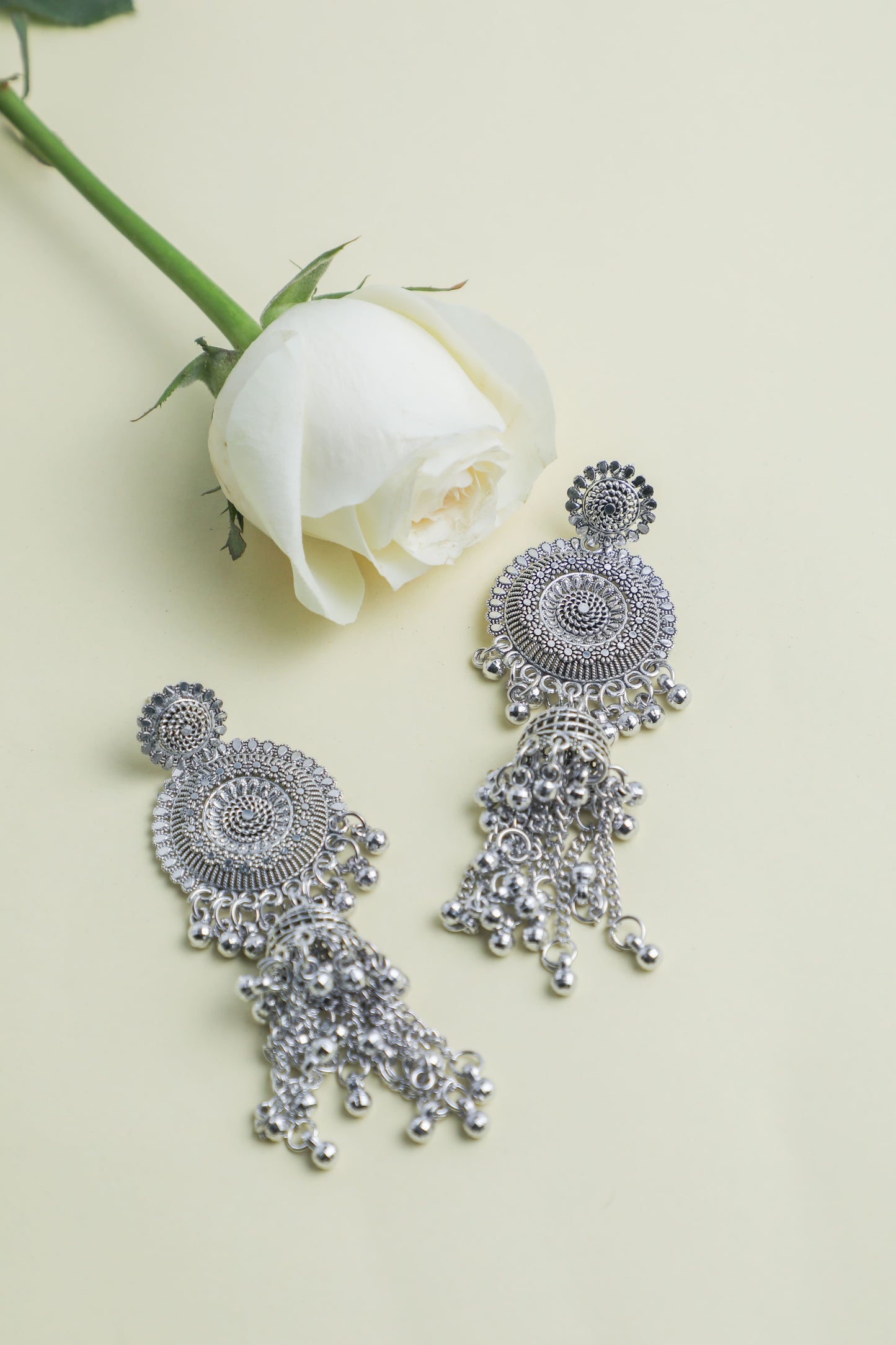 VOJ Silver Plated Oxidised Ghungharoo Studded Earrings