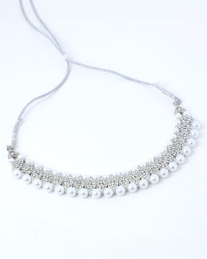 VOJ Silver Plated White Beads And Stone Studded Choker Jewellery Set With Mang Tikka