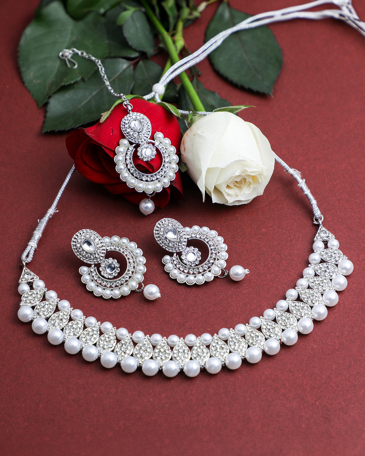 VOJ Silver Plated White Beads And Stone Studded Choker Jewellery Set With Mang Tikka