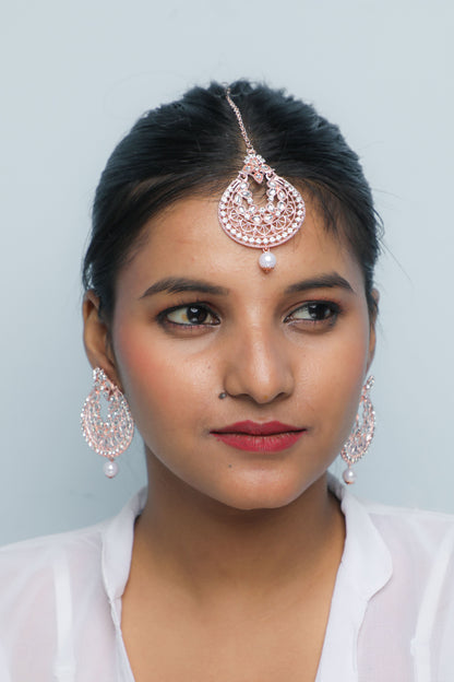 VOJ Gold-Polished With White Pearl And Stone Studded Earring With Mang Tikka Set