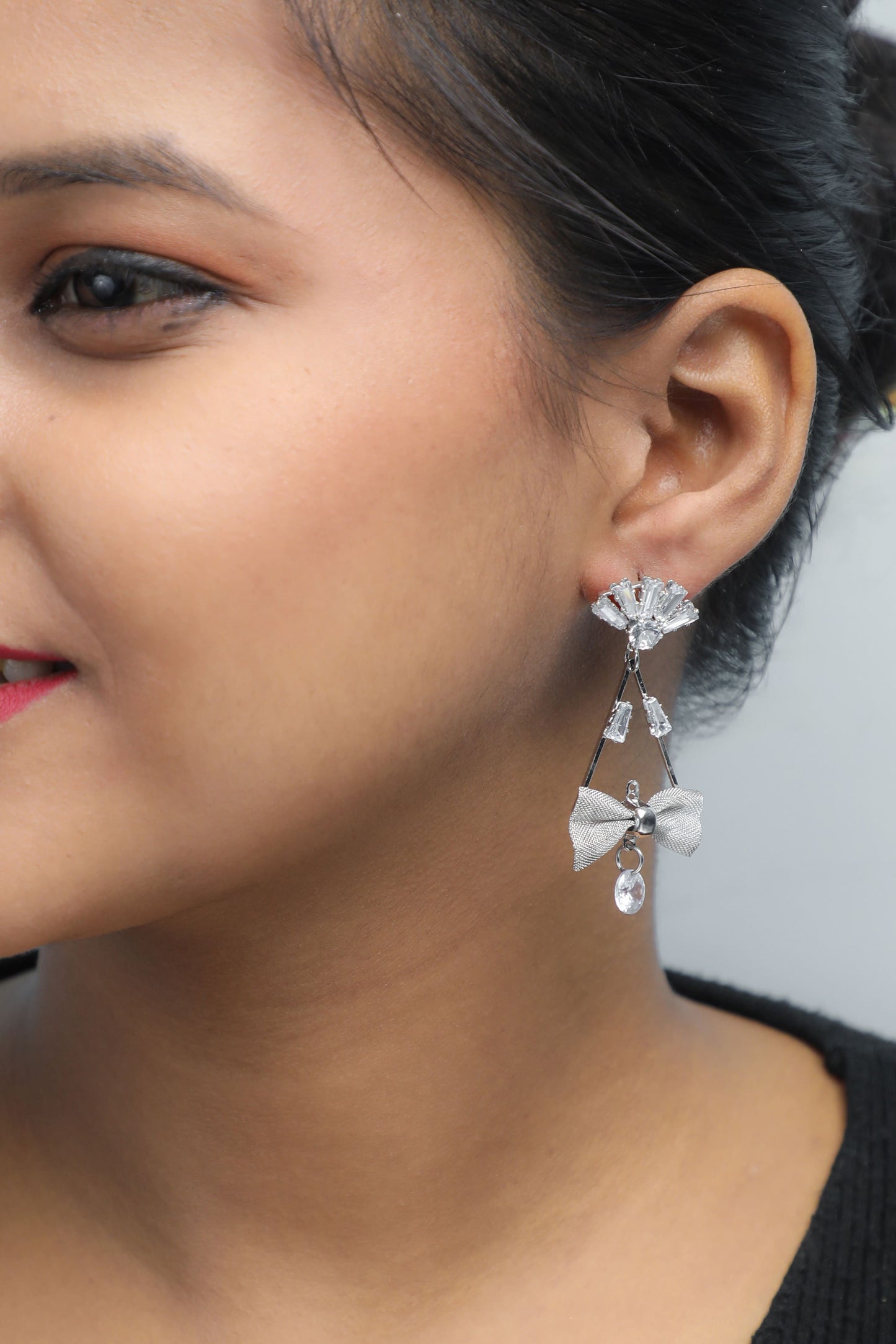 VOJ Silver Plated Stone Studded With Bow Triangle Shaped Earrings