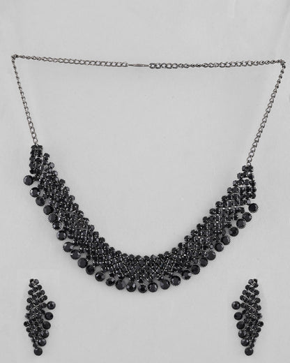VOJ Black American Diamond Chokar Jewellery Set With Earrings