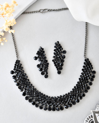 VOJ Black American Diamond Chokar Jewellery Set With Earrings