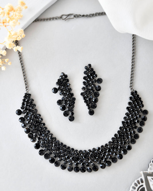 VOJ Black American Diamond Chokar Jewellery Set With Earrings