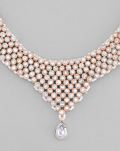 VOJ Silver Plated Party Wear AD Choker Necklace Jewellery Set