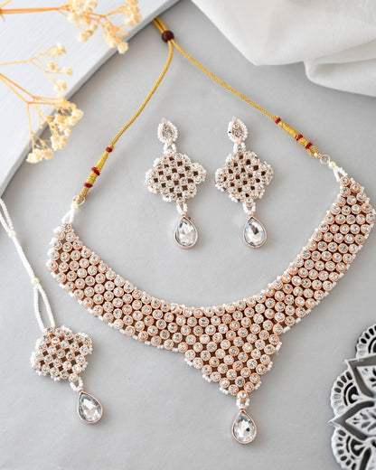 VOJ Silver Plated Party Wear AD Choker Necklace Jewellery Set