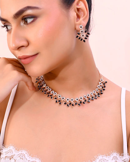 VOJ Gold-Polished Black & White Stone Studded Jewellery Set