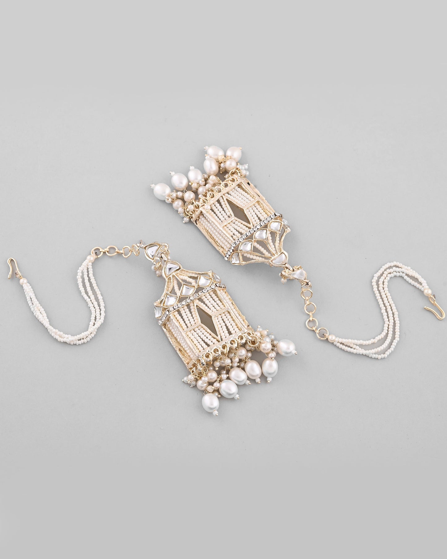VOJ Gold-Polished Handcrafted Pearls Beaded ChandBali Earrings with Kan Chain