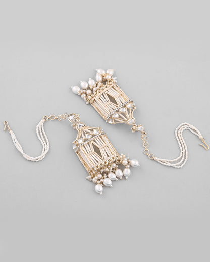 VOJ Gold-Polished Handcrafted Pearls Beaded ChandBali Earrings with Kan Chain