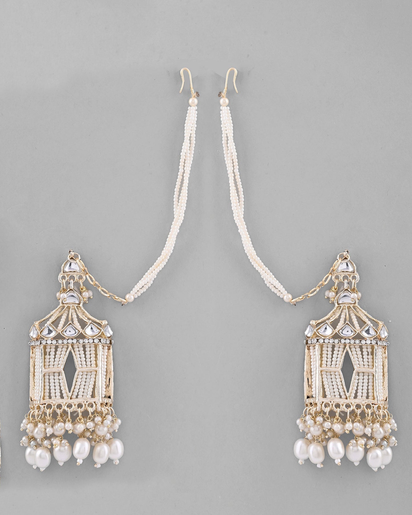 VOJ Gold-Polished Handcrafted Pearls Beaded ChandBali Earrings with Kan Chain