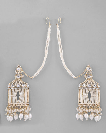 VOJ Gold-Polished Handcrafted Pearls Beaded ChandBali Earrings with Kan Chain