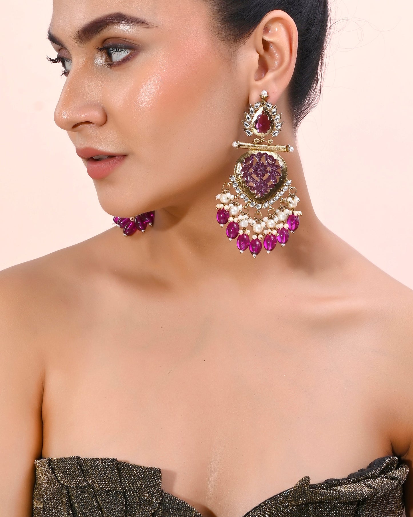 VOJ Gold-Polished Purple Colour Drop And Dangle Statement Earrings