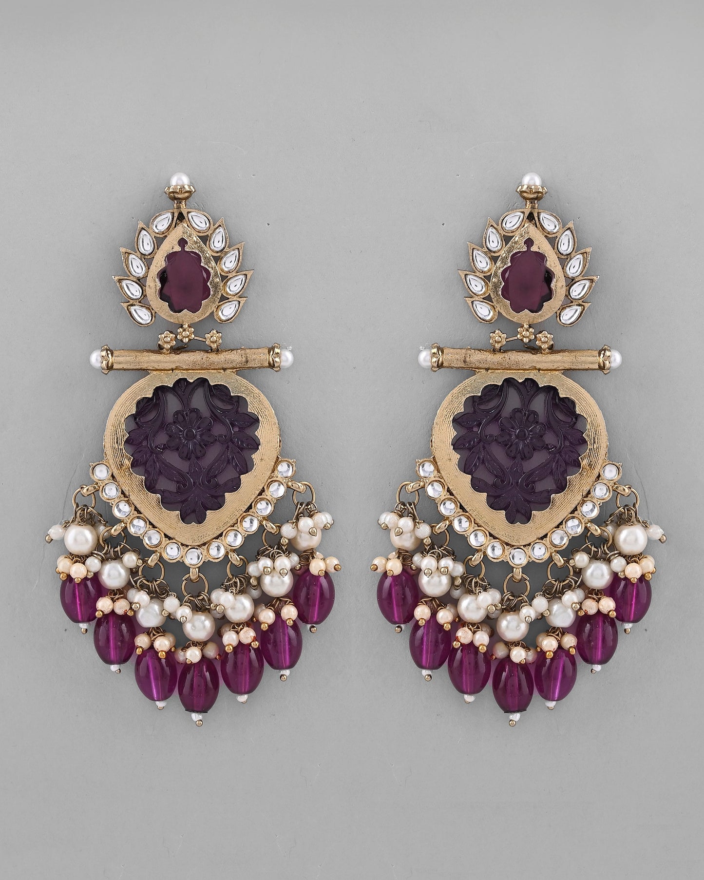 VOJ Gold-Polished Purple Colour Drop And Dangle Statement Earrings