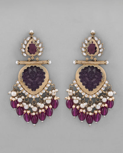 VOJ Gold-Polished Purple Colour Drop And Dangle Statement Earrings