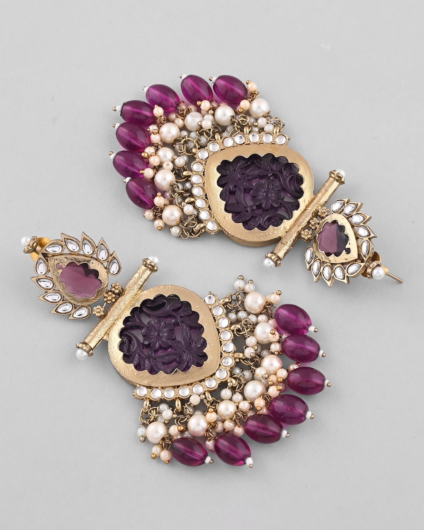 VOJ Gold-Polished Purple Colour Drop And Dangle Statement Earrings