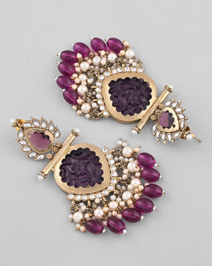 VOJ Gold-Polished Purple Colour Drop And Dangle Statement Earrings