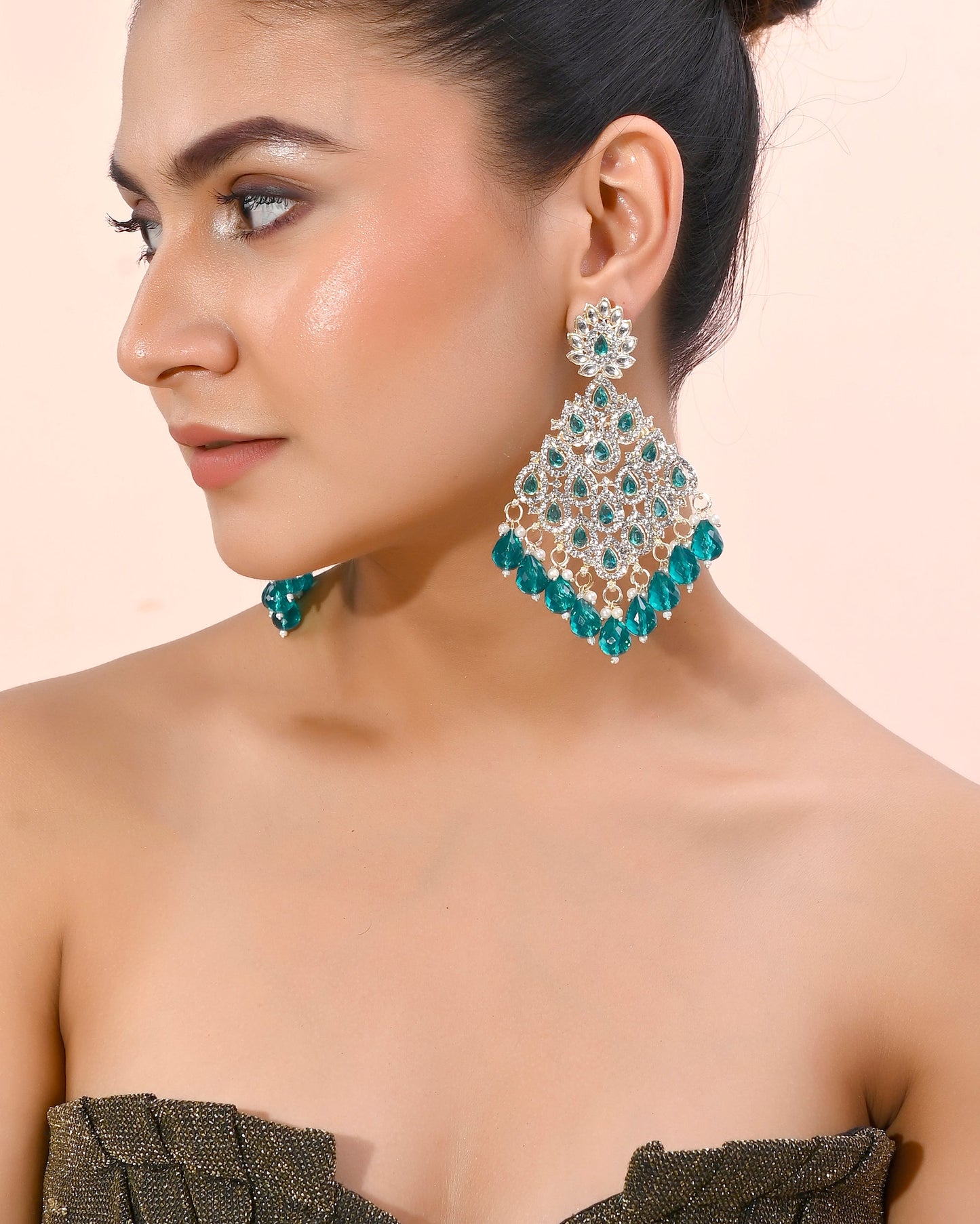 VOJ Traditional Gold-Polished Green & White AD Stone Statement Earrings