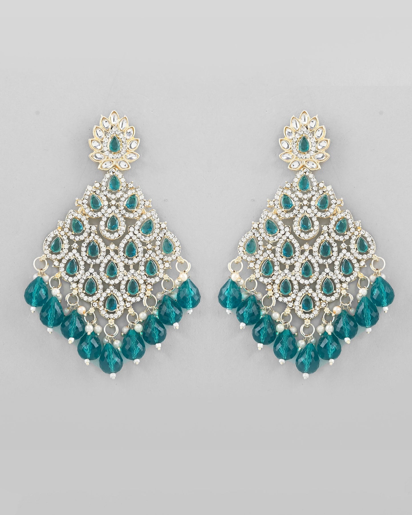 VOJ Traditional Gold-Polished Green & White AD Stone Statement Earrings