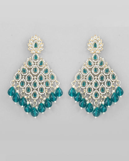 VOJ Traditional Gold-Polished Green & White AD Stone Statement Earrings