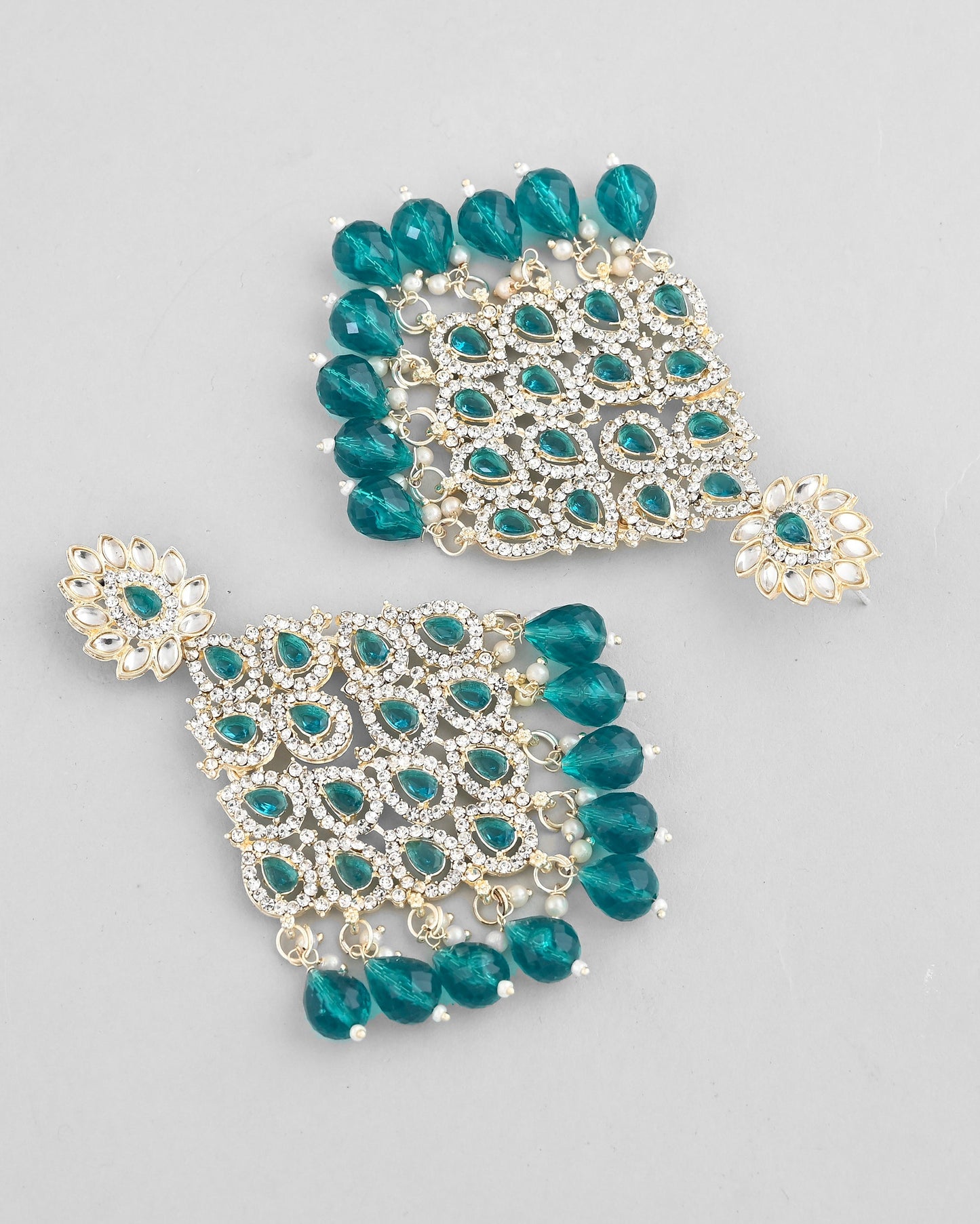 VOJ Traditional Gold-Polished Green & White AD Stone Statement Earrings