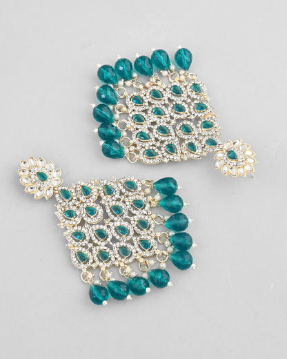 VOJ Traditional Gold-Polished Green & White AD Stone Statement Earrings