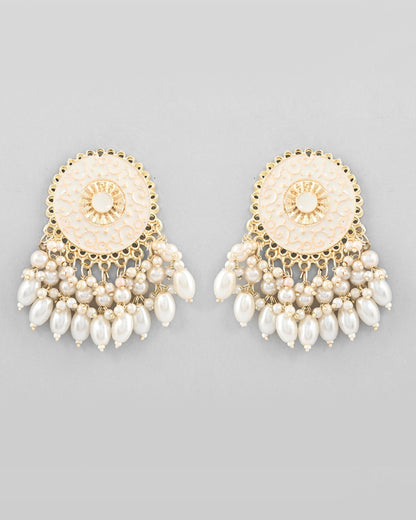 VOJ Gold-Polished White circular Earrings With Pearls