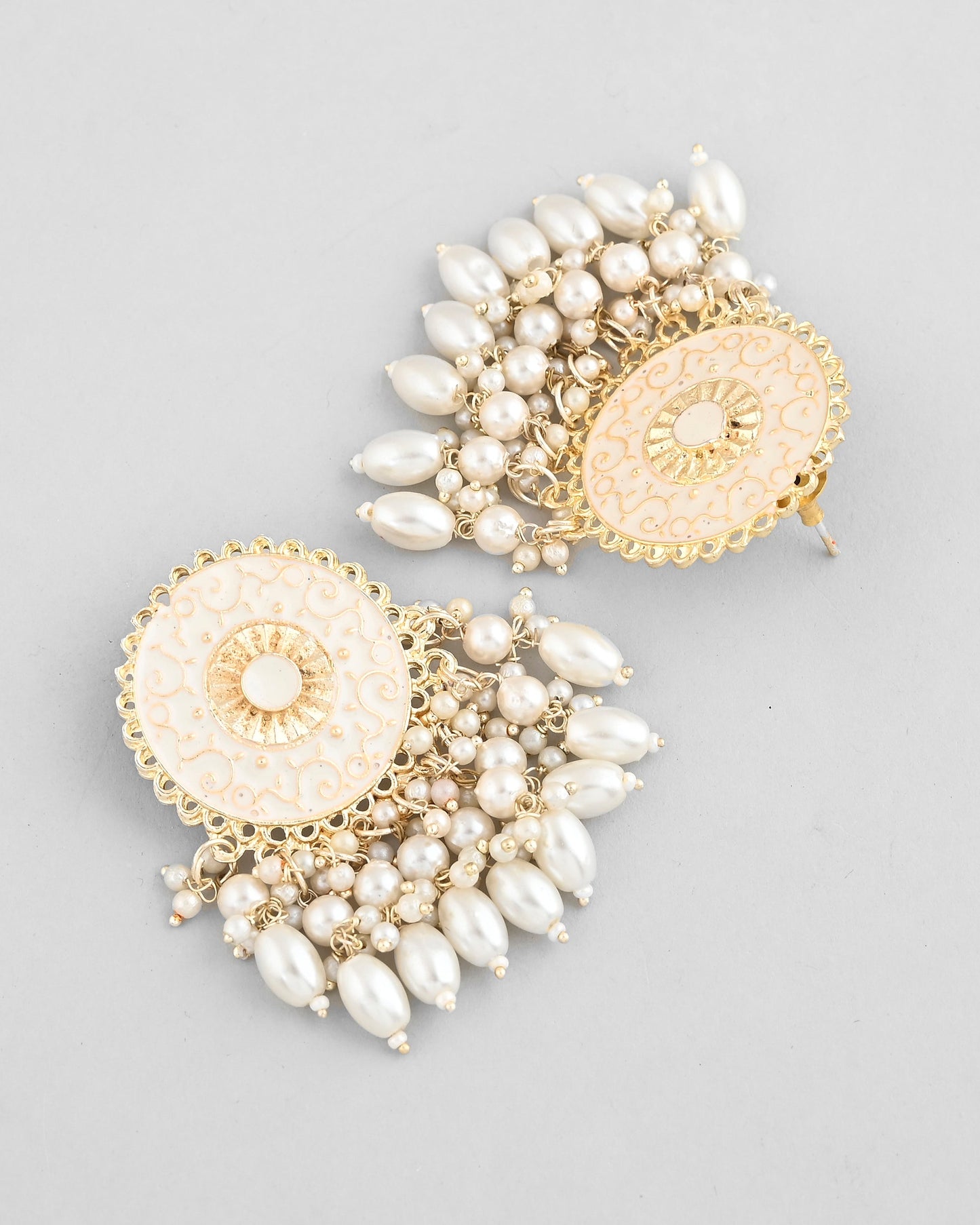 VOJ Gold-Polished White circular Earrings With Pearls