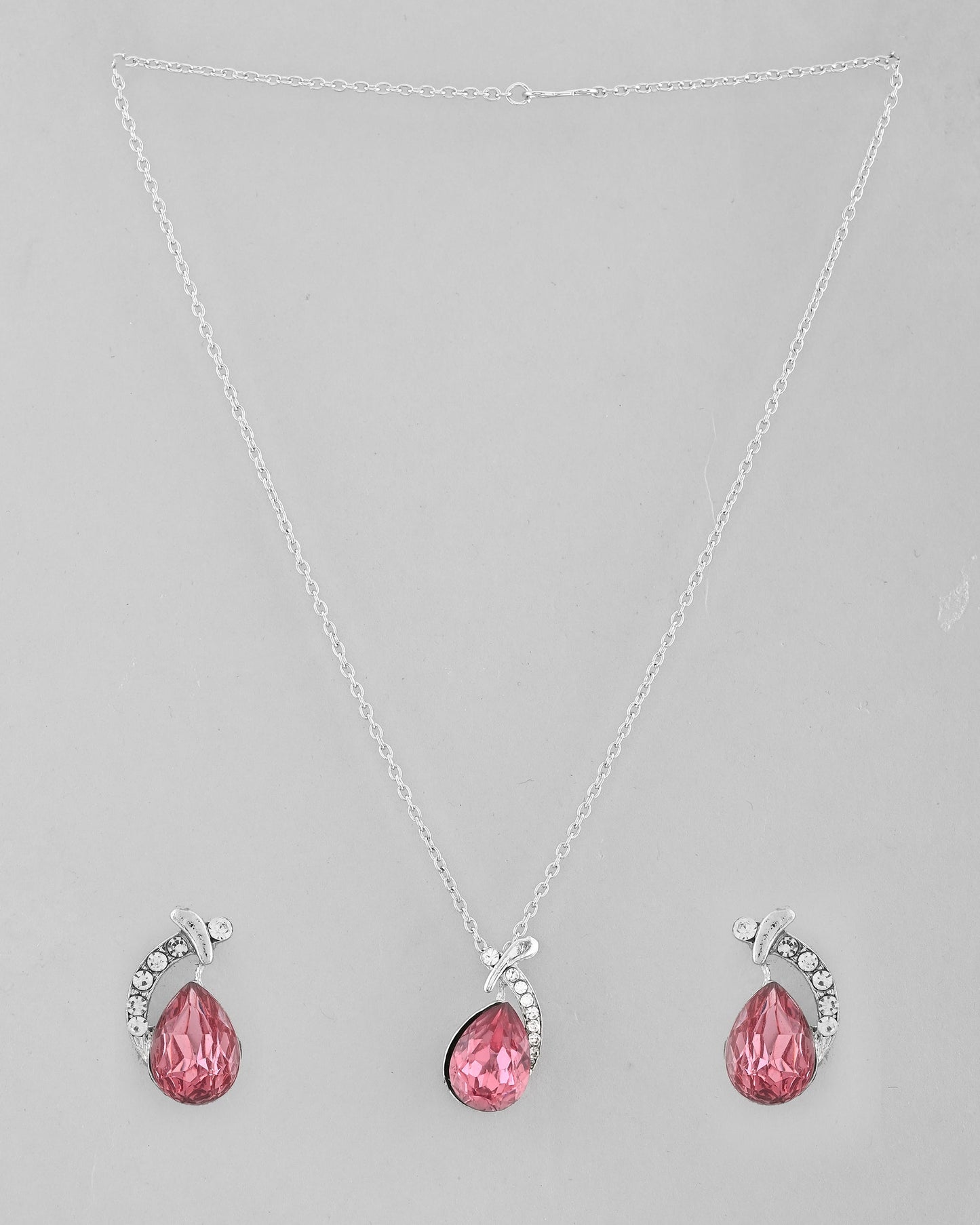 VOJ Silver Plated Chan with Pink and White AD stone Studded Pendant and Earrings Set