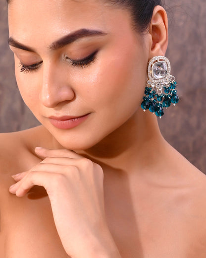 VOJ Silver Plated Kundan Earrings with Teal colour Pearls