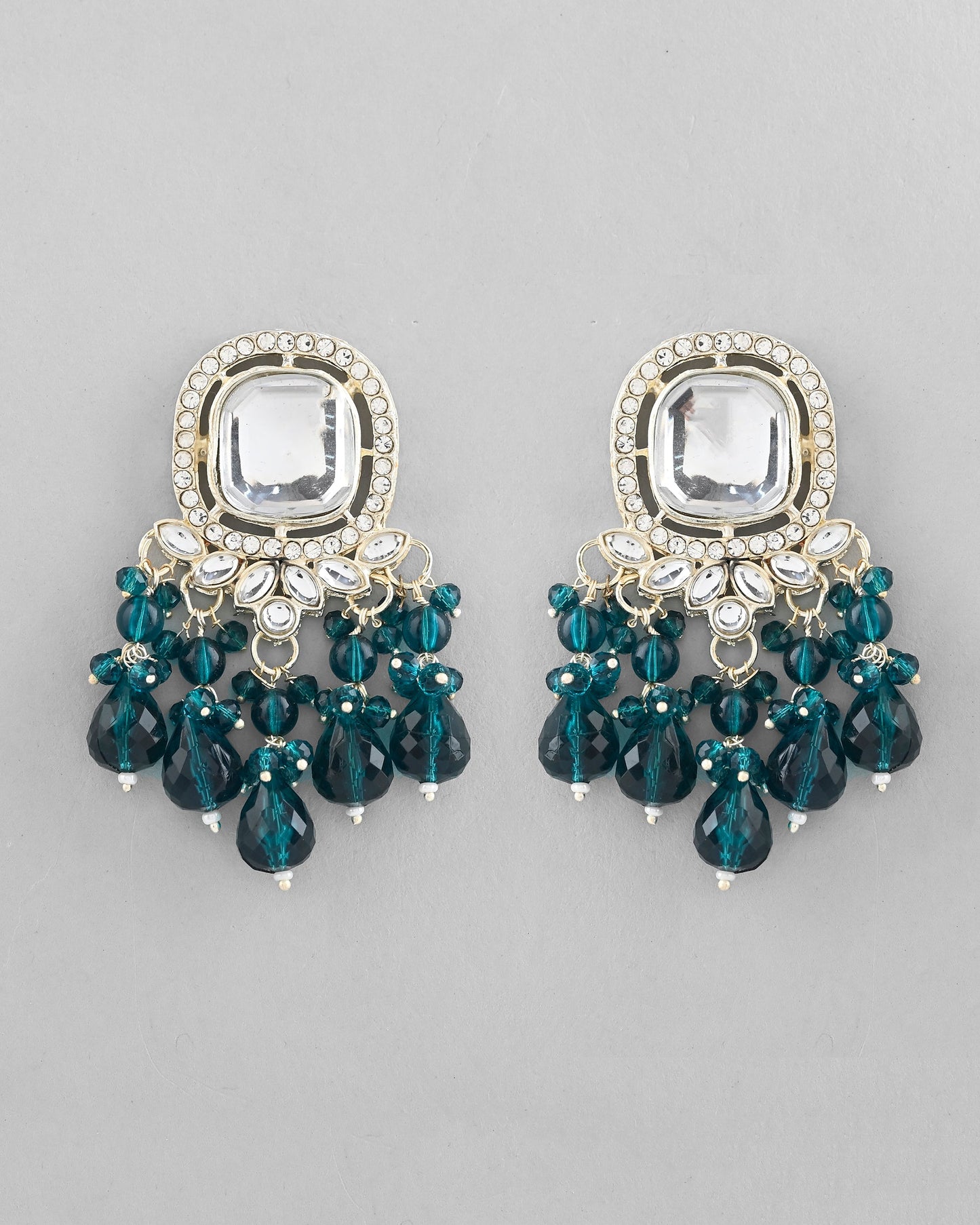 VOJ Silver Plated Kundan Earrings with Teal colour Pearls