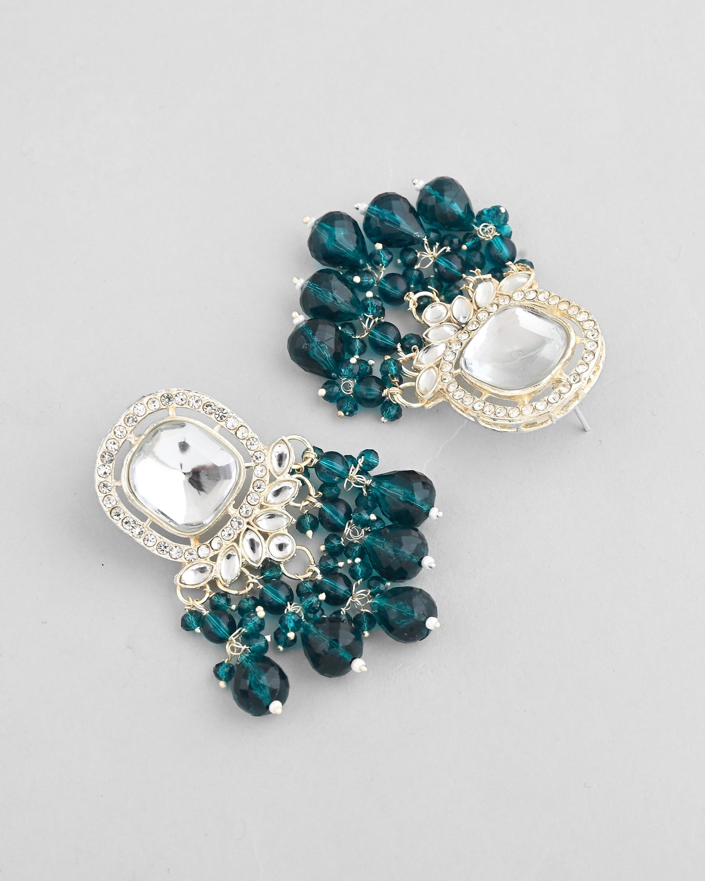VOJ Silver Plated Kundan Earrings with Teal colour Pearls