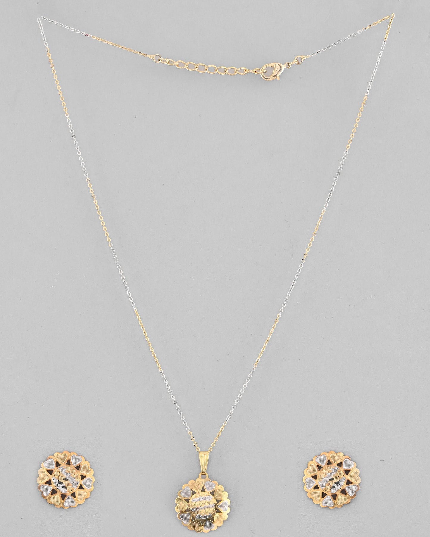 VOJ White and Yellow Gold-Polished Chain With Flower shaped Pandent And Flower shaped Earrings