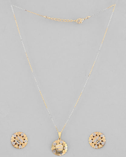 VOJ White and Yellow Gold-Polished Chain With Flower shaped Pandent And Flower shaped Earrings